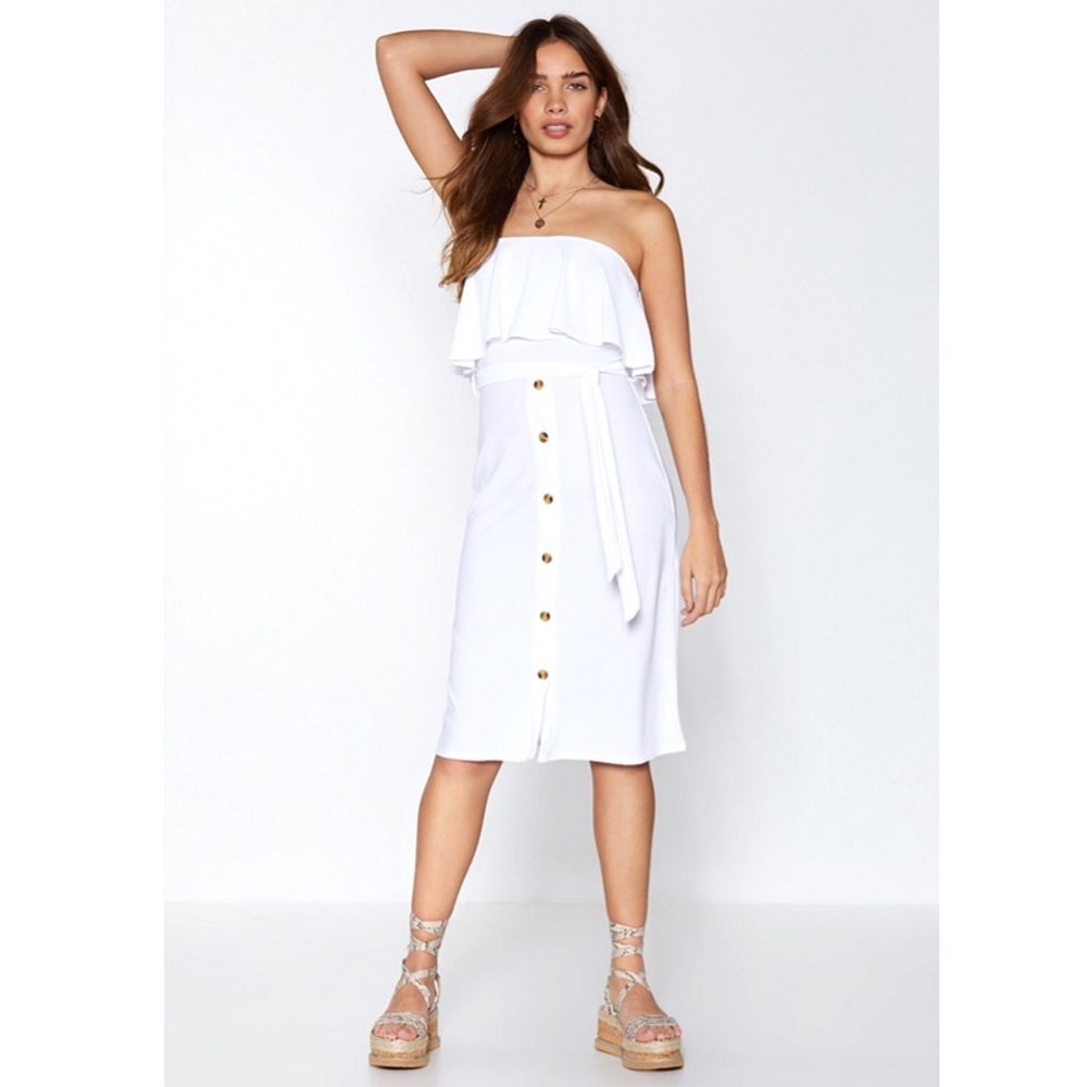 🆕 WHITE RUFFLE OPEN SHOULDER BUTTON MIDI DRESS! - Picture 8 of 10